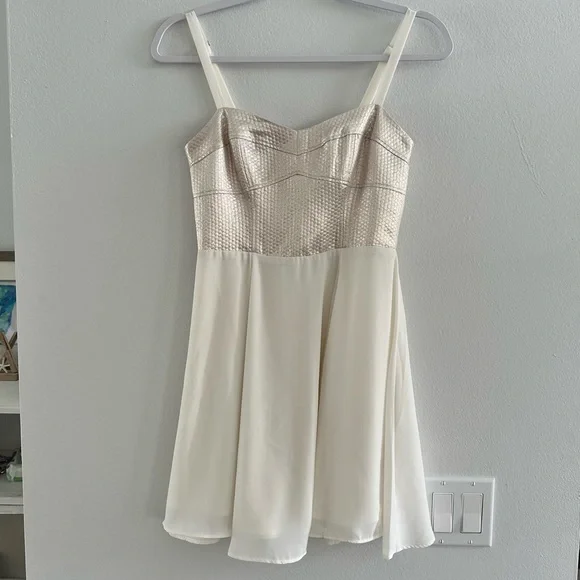 Express | Dresses | Ethereal Flowy Cocktail Dress Ivory Gold Foil Chiffon  Above Knee Size 2 | Poshmark